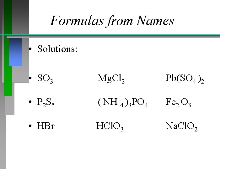 Formulas from Names • Solutions: • SO 3 Mg. Cl 2 Pb(SO 4 )2