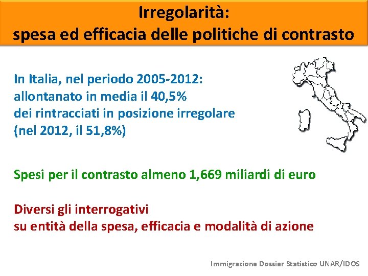 Irregolarità: spesa ed efficacia delle politiche di contrasto In Italia, nel periodo 2005 -2012: