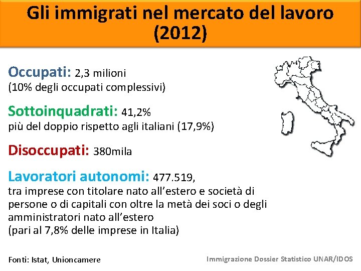 Gli immigrati nel mercato del lavoro (2012) Occupati: 2, 3 milioni (10% degli occupati