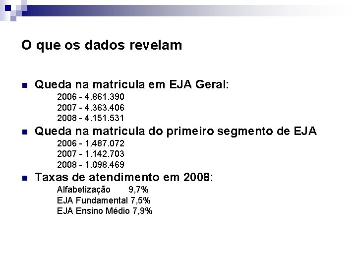 O que os dados revelam n Queda na matricula em EJA Geral: 2006 -