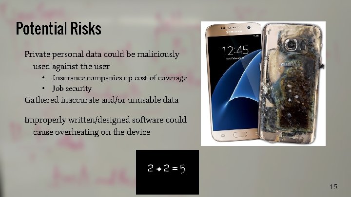 Potential Risks Private personal data could be maliciously used against the user • •