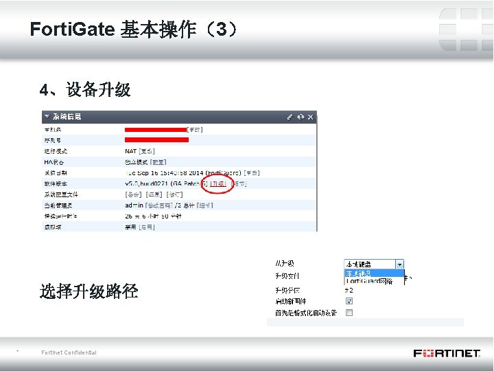 Forti. Gate 基本操作（3） 4、设备升级 选择升级路径 * Fortinet Confidential 