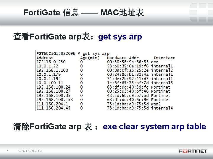 Forti. Gate 信息 —— MAC地址表 查看Forti. Gate arp表：get sys arp 清除Forti. Gate arp 表