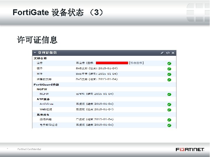 Forti. Gate 设备状态 （3） 许可证信息 * Fortinet Confidential 