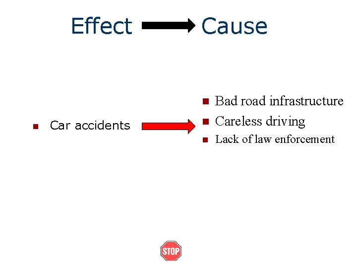 Effect Cause n Bad road infrastructure Careless driving n Lack of law enforcement n Effect Cause n Bad road infrastructure Careless driving n Lack of law enforcement n