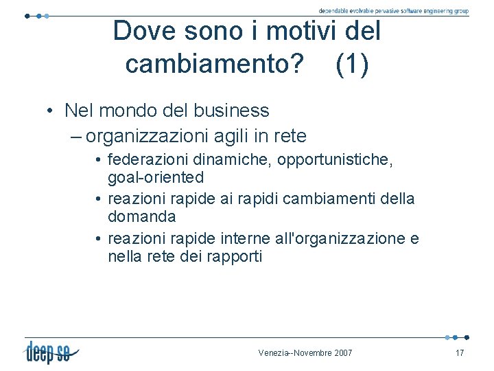 Dove sono i motivi del cambiamento? (1) • Nel mondo del business – organizzazioni