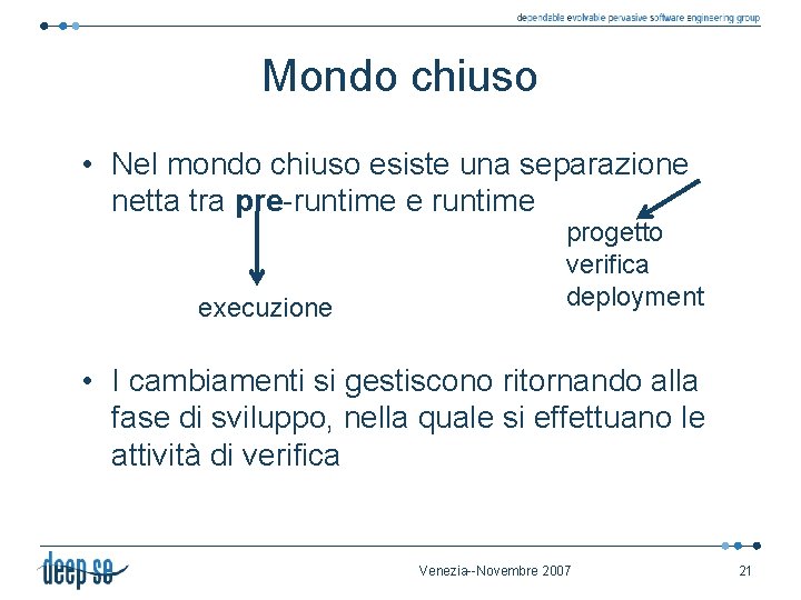 Mondo chiuso • Nel mondo chiuso esiste una separazione netta tra pre-runtime execuzione progetto