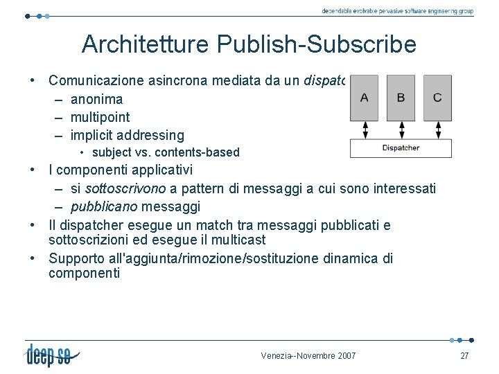 Architetture Publish-Subscribe • Comunicazione asincrona mediata da un dispatcher – anonima – multipoint –