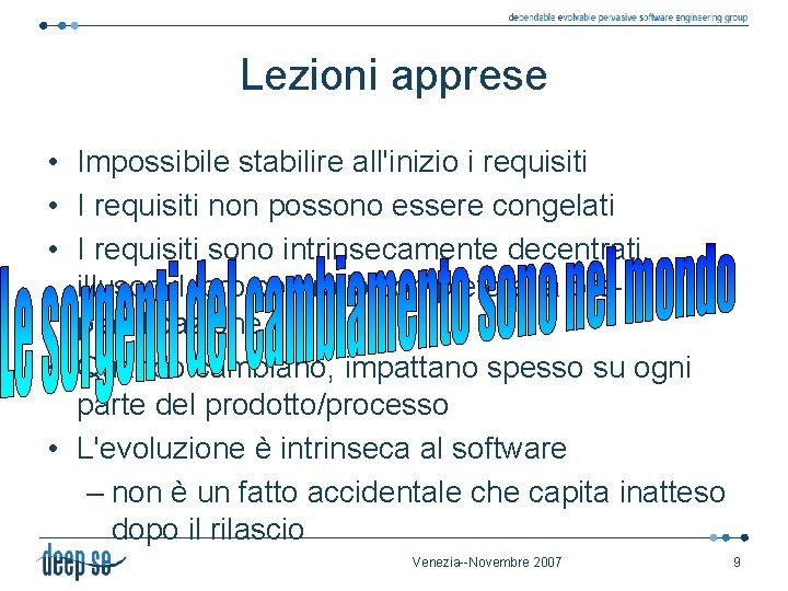 Lezioni apprese • Impossibile stabilire all'inizio i requisiti • I requisiti non possono essere