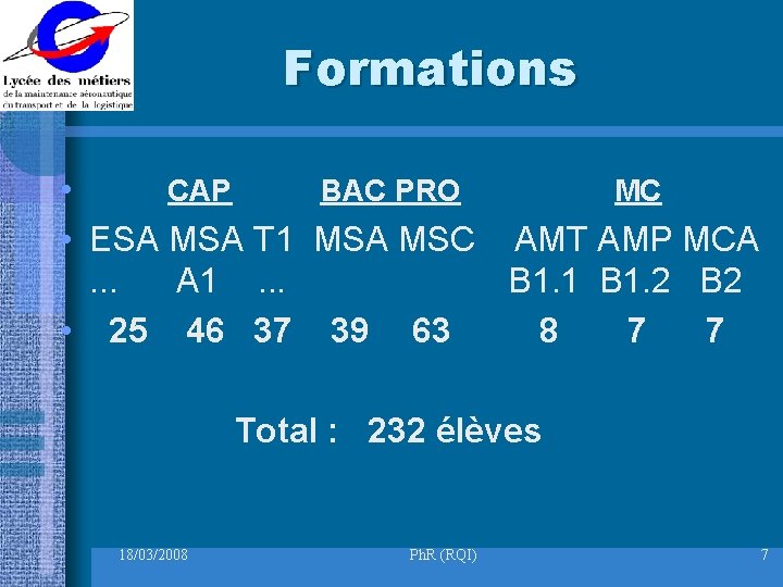Formations • CAP BAC PRO MC • ESA MSA T 1 MSA MSC AMT
