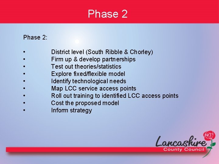 Phase 2: • • • District level (South Ribble & Chorley) Firm up &