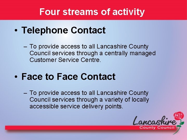 Four streams of activity • Telephone Contact – To provide access to all Lancashire