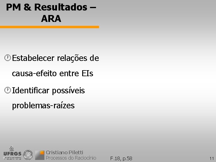 PM & Resultados – ARA · Estabelecer relações de causa-efeito entre EIs · Identificar