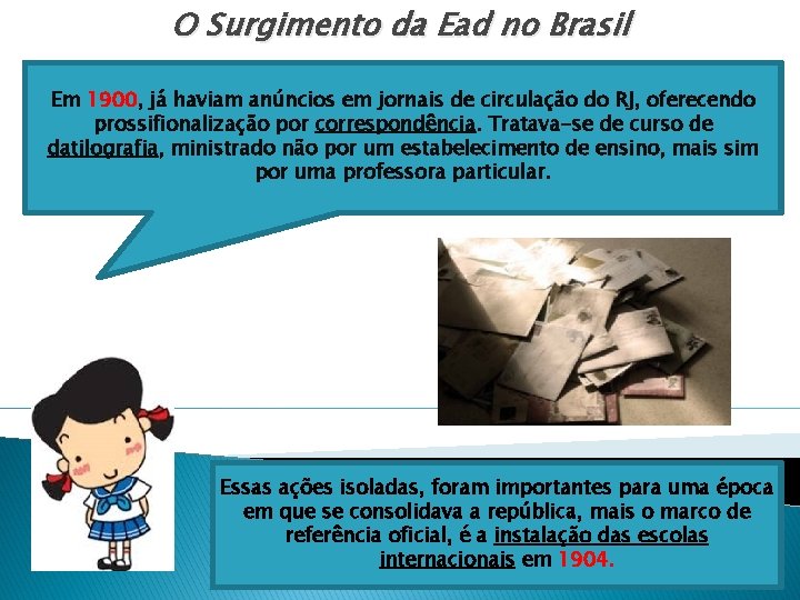 O Surgimento da Ead no Brasil Em 1900, já haviam anúncios em jornais de