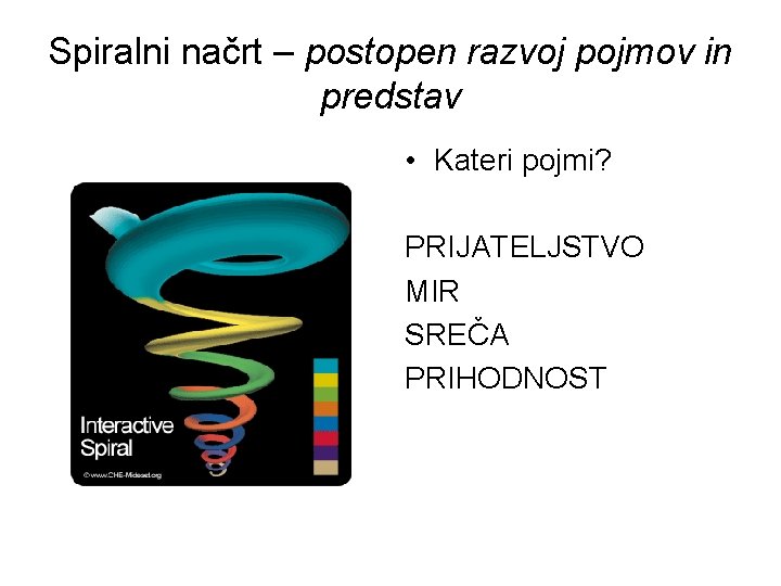 Spiralni načrt – postopen razvoj pojmov in predstav • Kateri pojmi? PRIJATELJSTVO MIR SREČA