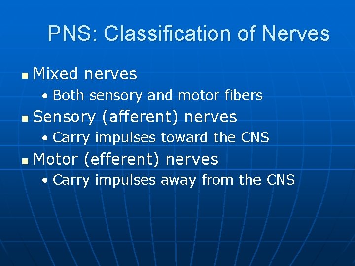 PNS: Classification of Nerves n Mixed nerves • Both sensory and motor fibers n