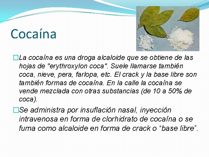 Cocaína �La cocaína es una droga alcaloide que se obtiene de las hojas de