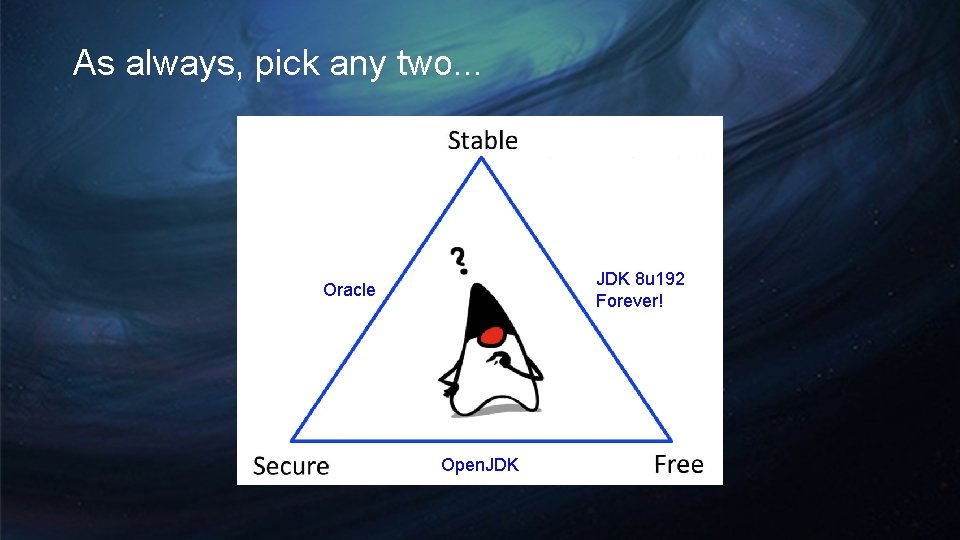 As always, pick any two. . . JDK 8 u 192 Forever! Oracle Open. As always, pick any two. . . JDK 8 u 192 Forever! Oracle Open.