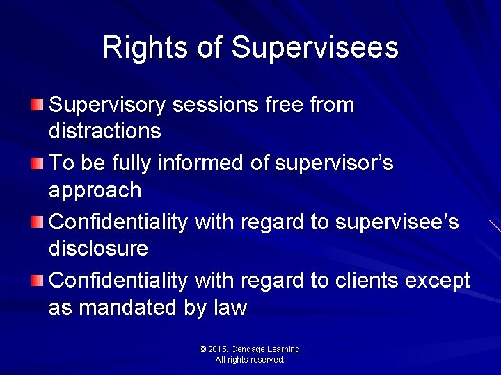 Rights of Supervisees Supervisory sessions free from distractions To be fully informed of supervisor’s