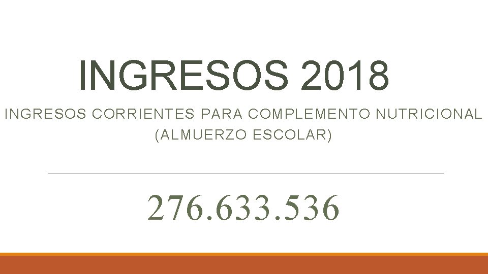 INGRESOS 2018 INGRESOS CORRIENTES PARA COMPLEMENTO NUTRICIONAL (ALMUERZO ESCOLAR) 276. 633. 536 