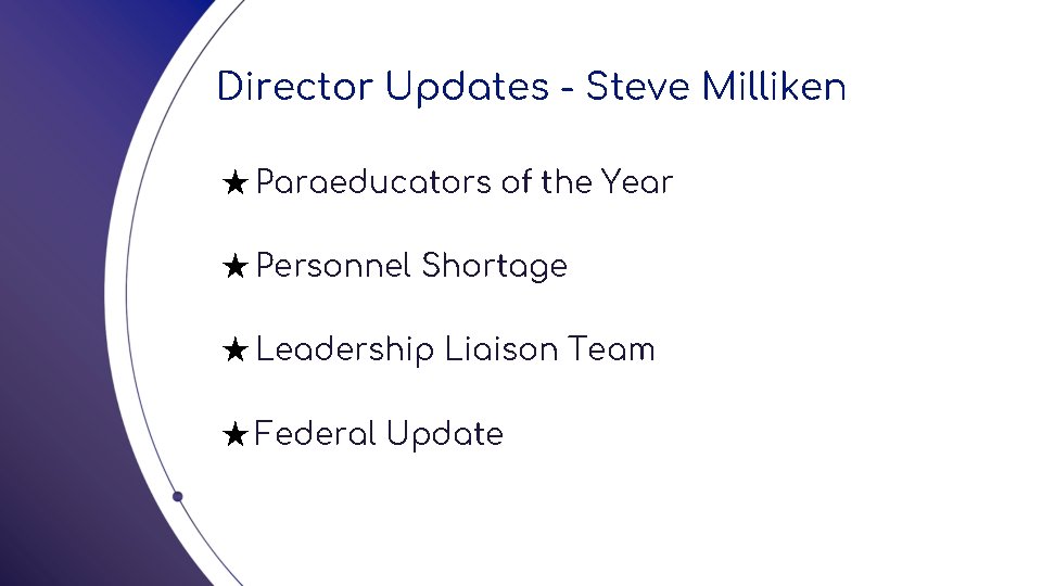 Director Updates - Steve Milliken ★ Paraeducators of the Year ★ Personnel Shortage ★