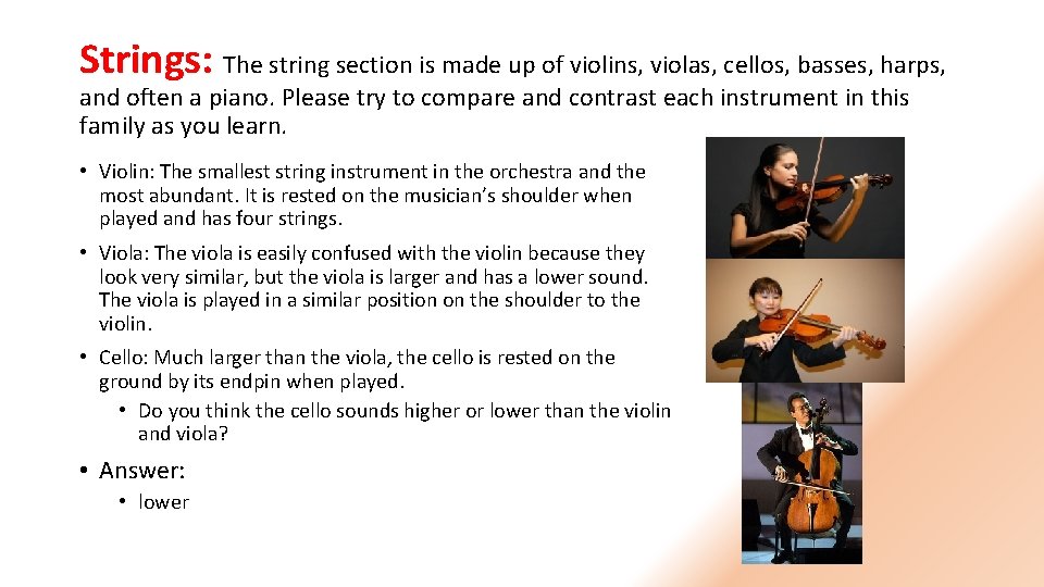 Strings: The string section is made up of violins, violas, cellos, basses, harps, and