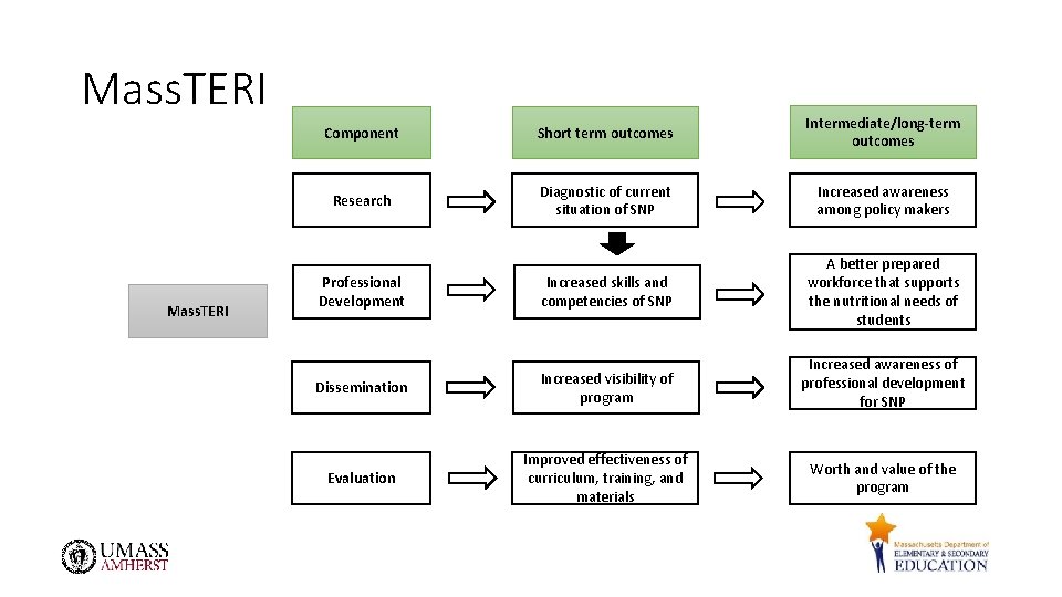 Mass. TERI Component Short term outcomes Intermediate/long-term outcomes Research Diagnostic of current situation of