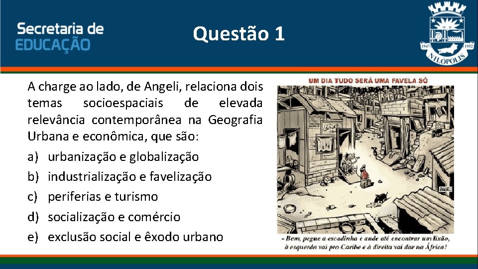 Questão 1 A charge ao lado, de Angeli, relaciona dois temas socioespaciais de elevada