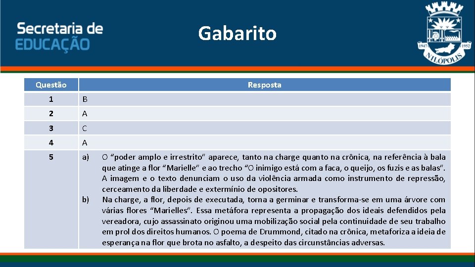 Gabarito Questão Resposta 1 B 2 A 3 C 4 A 5 a) b)