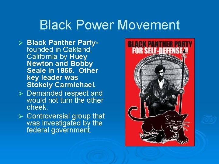 Black Power Movement Black Panther Partyfounded in Oakland, California by Huey Newton and Bobby
