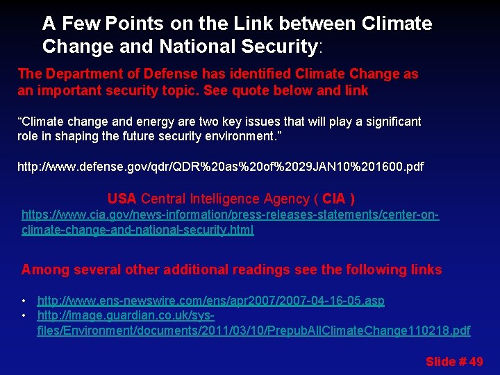 A Few Points on the Link between Climate Change and National Security: The Department