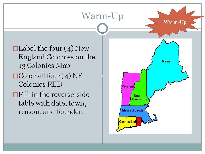 Warm-Up �Label the four (4) New England Colonies on the 13 Colonies Map. �Color