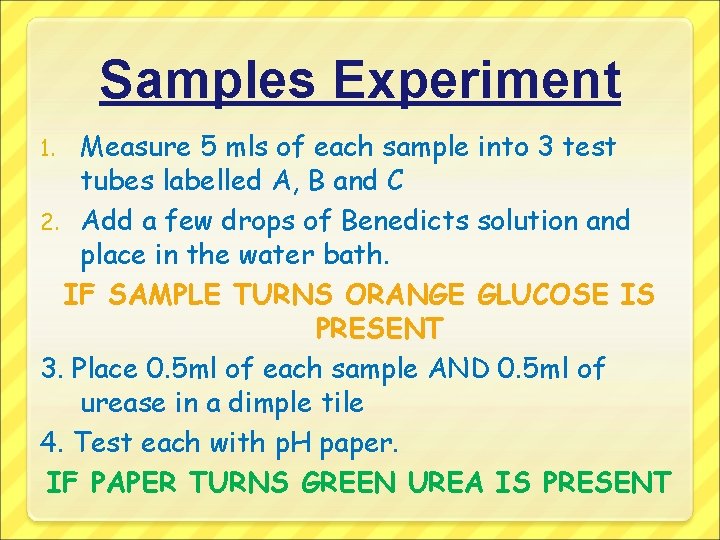 Samples Experiment Measure 5 mls of each sample into 3 test tubes labelled A,
