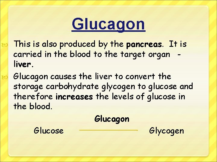 Glucagon This is also produced by the pancreas. It is carried in the blood