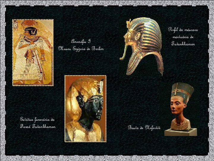 Perfil da máscara mortuária de Tutankhamon Amenófis I Museu Egípcio de Berlim Estátua funerária