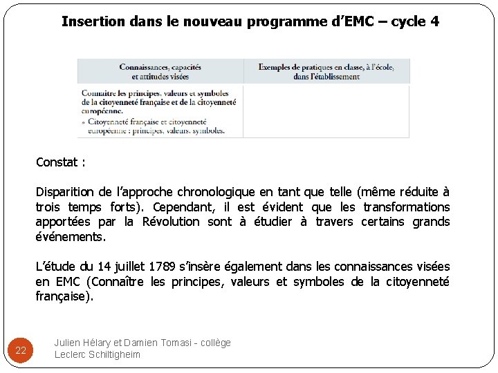 Insertion dans le nouveau programme d’EMC – cycle 4 Constat : Disparition de l’approche
