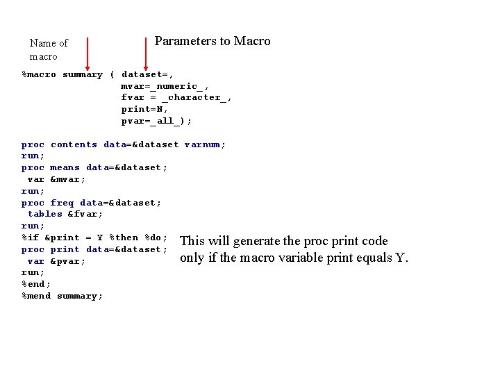 Name of macro Parameters to Macro %macro summary ( dataset=, mvar=_numeric_, fvar = _character_,