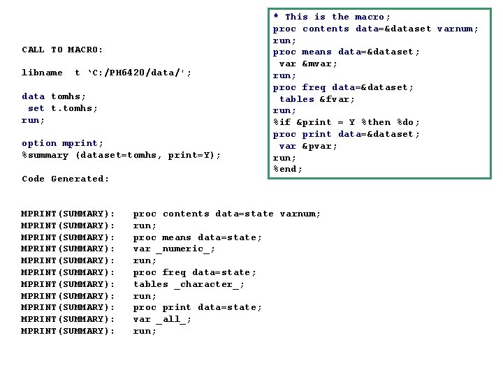 CALL TO MACRO: libname t ‘C: /PH 6420/data/'; data tomhs; set t. tomhs; run;