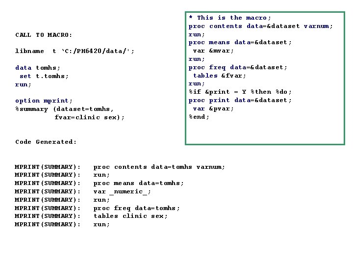 CALL TO MACRO: libname t ‘C: /PH 6420/data/'; data tomhs; set t. tomhs; run;