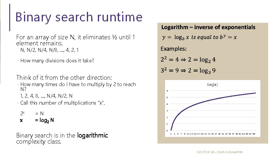 Binary search runtime For an array of size N, it eliminates ½ until 1 Binary search runtime For an array of size N, it eliminates ½ until 1