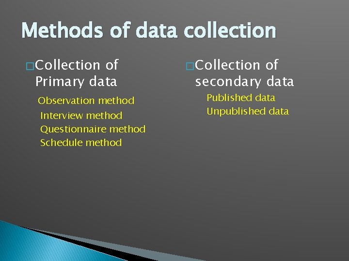 Methods of data collection � Collection of Primary data Observation method Interview method Questionnaire