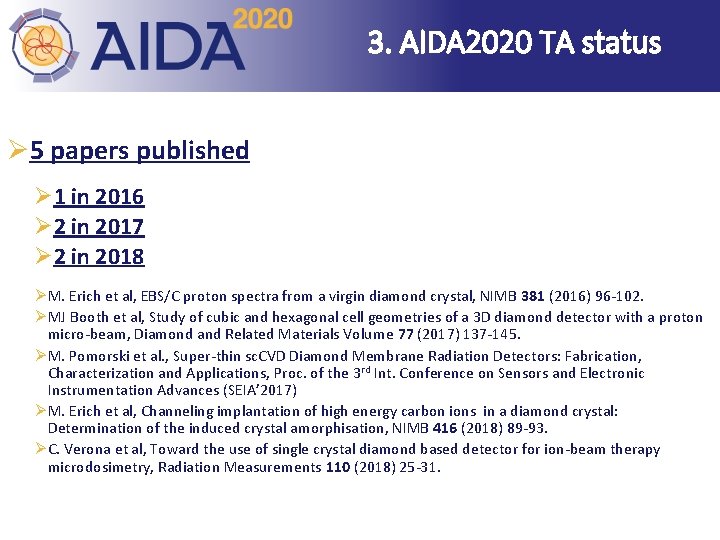 3. AIDA 2020 TA status Ø 5 papers published Ø 1 in 2016 Ø
