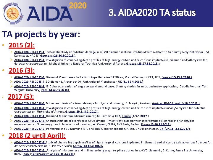 3. AIDA 2020 TA status TA projects by year: • 2015 (2): Ø AIDA-2020