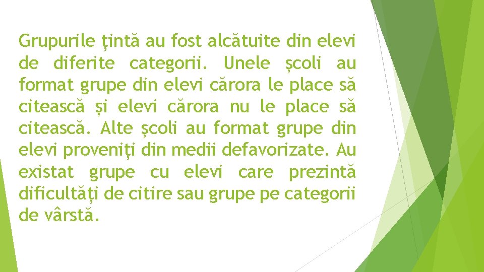Grupurile țintă au fost alcătuite din elevi de diferite categorii. Unele școli au format