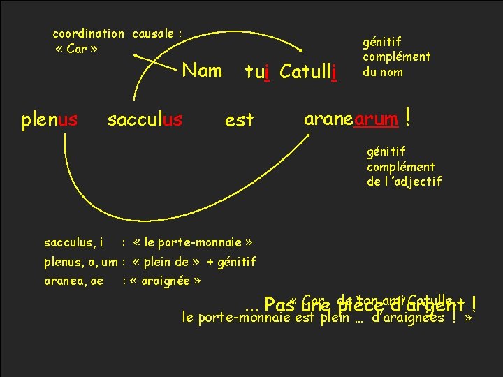 coordination causale : « Car » plenus Nam sacculus tui Catulli est génitif complément