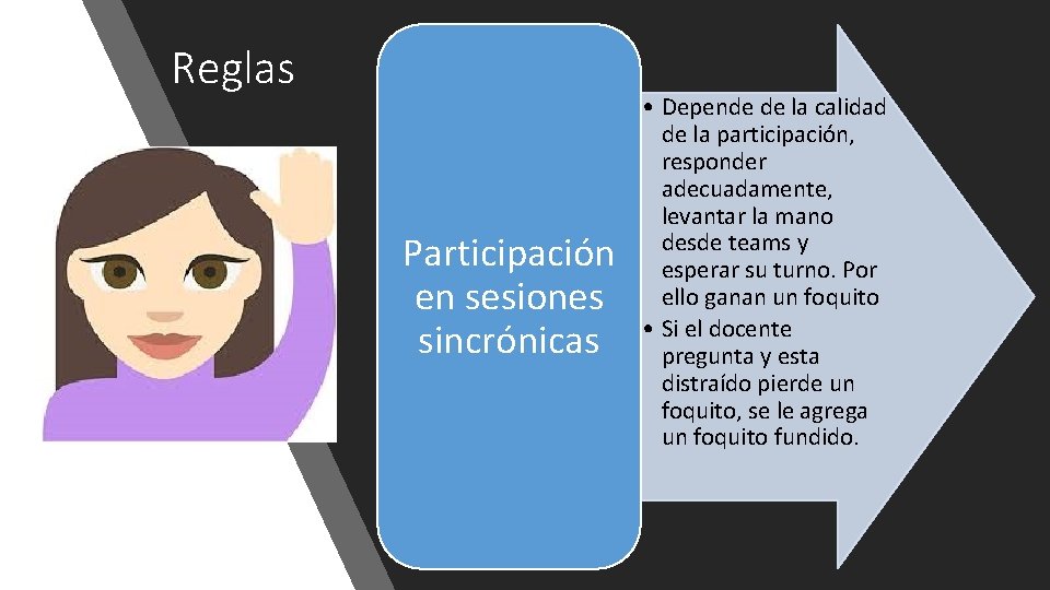 Reglas Participación en sesiones sincrónicas • Depende de la calidad de la participación, responder