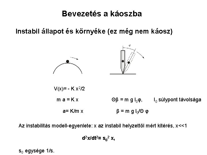 Bevezetés a káoszba Instabil állapot és környéke (ez még nem káosz) V(x)= - K