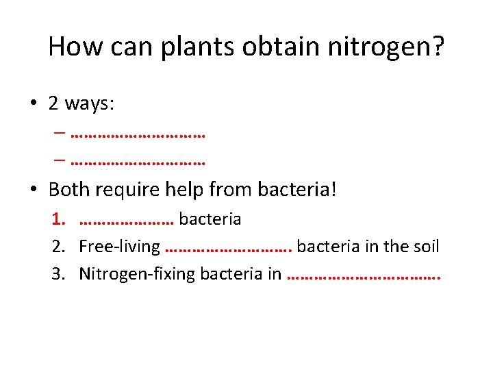 How can plants obtain nitrogen? • 2 ways: – ………………………… • Both require help