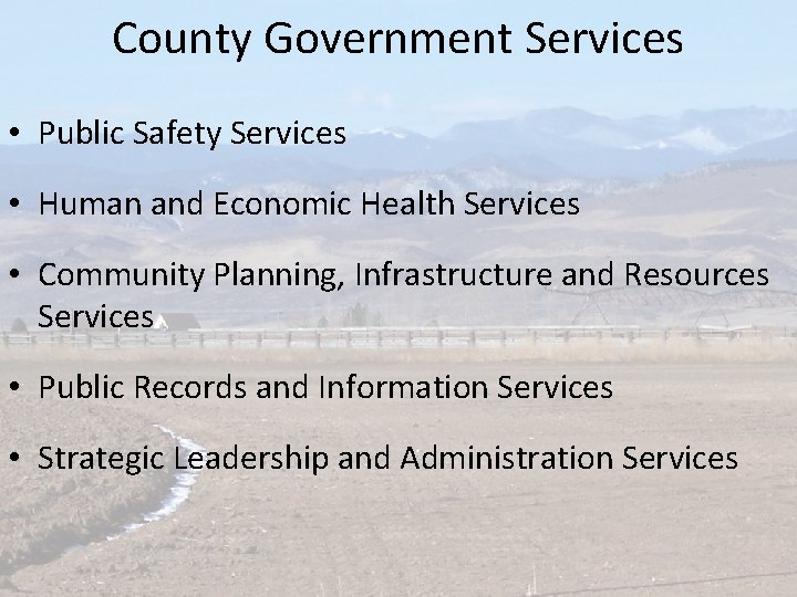 County Government Services • Public Safety Services • Human and Economic Health Services •