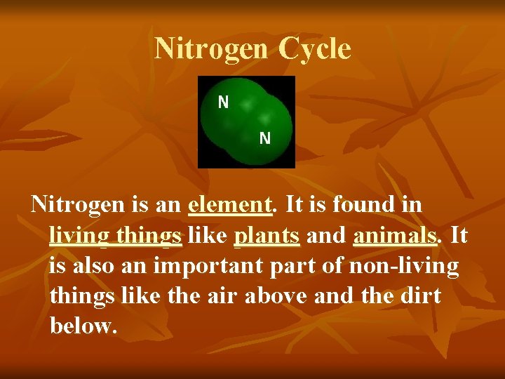 Nitrogen Cycle Nitrogen is an element. It is found in living things like plants